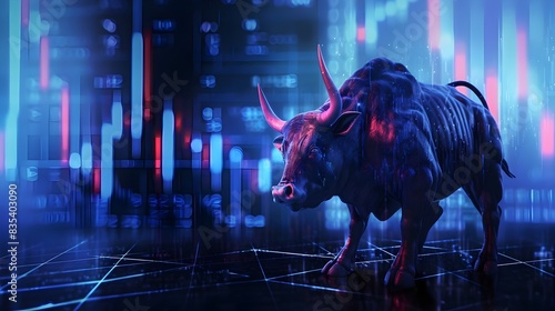 Trading Wall Street Bull Overlooking Charts Data Graphs Abstract Technology Business Background (Generative AI)