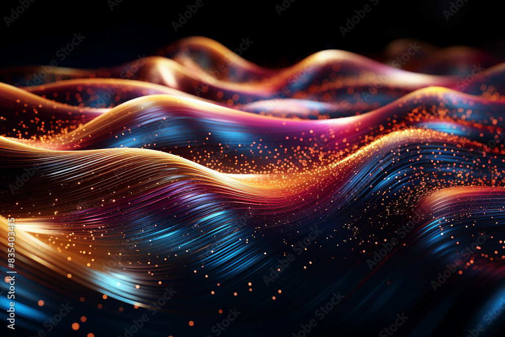 Fototapeta premium Glitter Golden Wave Stripes Design. Shiny Gold and Magenta Blue Teal moving lines design element on dark background 