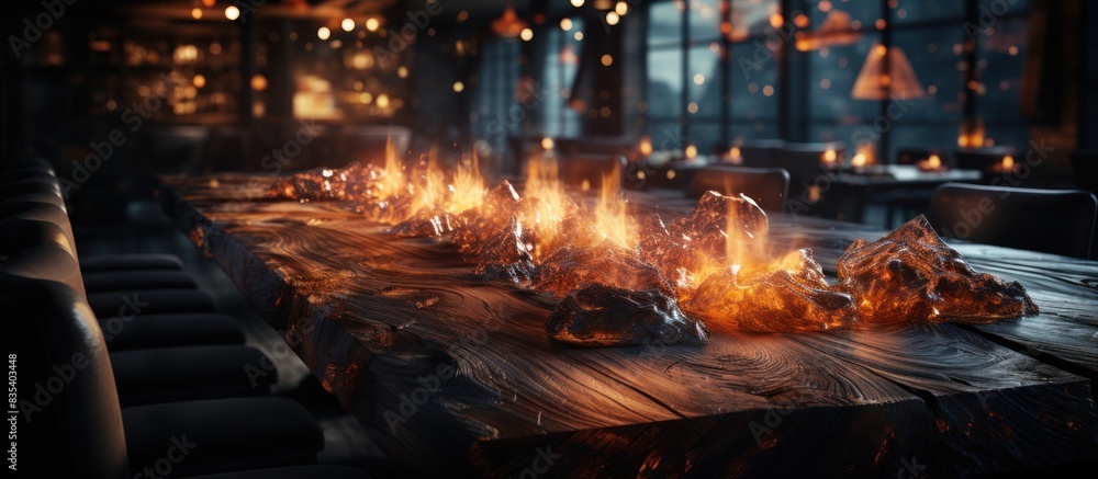 wooden table with Fire burning wooden table with Fire burning