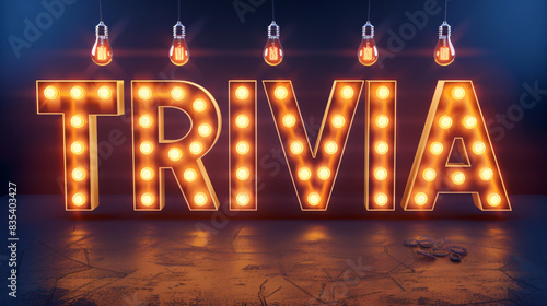 Bright neon sign spelling trivia with glowing light bulbs on a dark background
