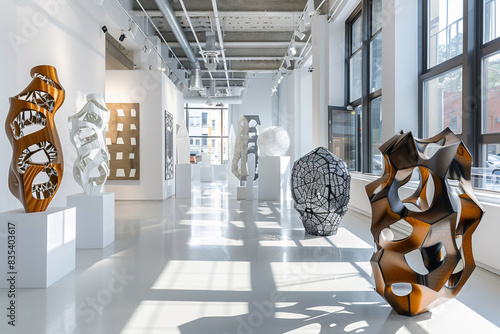 Refined Avant Art Gallery interior featuring contemporary laser-cut sculptures in a bright, industrial-inspired space, emphasizing precision and innovative design, photo