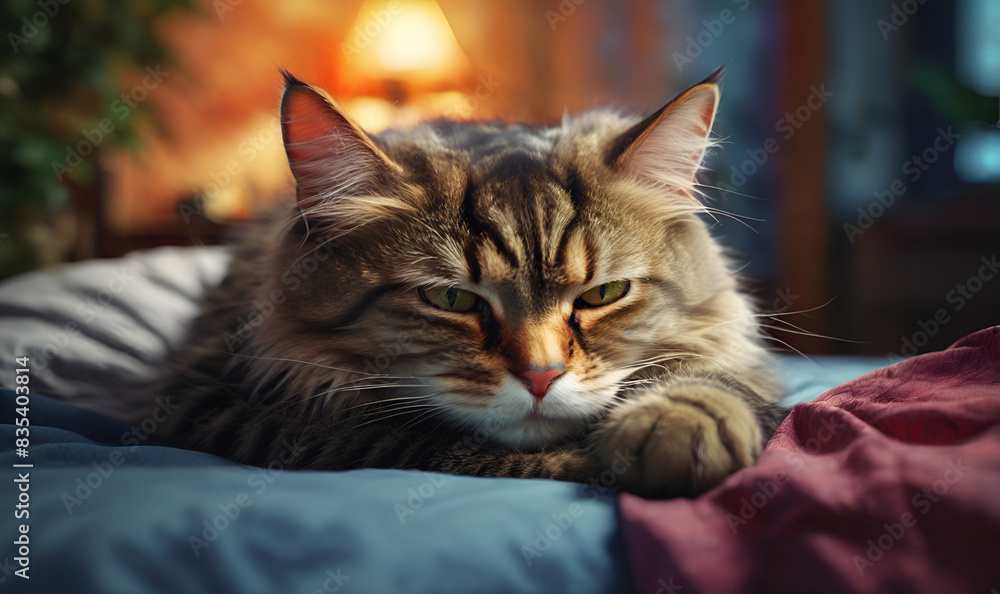 The cat collapsed on the bed, on the clean bedding The cat collapsed on the bed, on the clean bedding