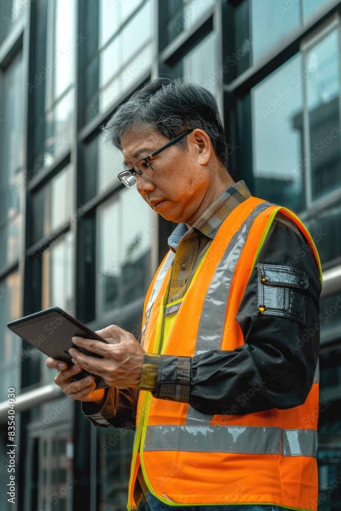 A person wearing an orange vest uses a tablet computer, suitable for illustrations on technology and lifestyle themes A person wearing an orange vest uses a tablet computer, suitable for illustrations on technology and lifestyle themes