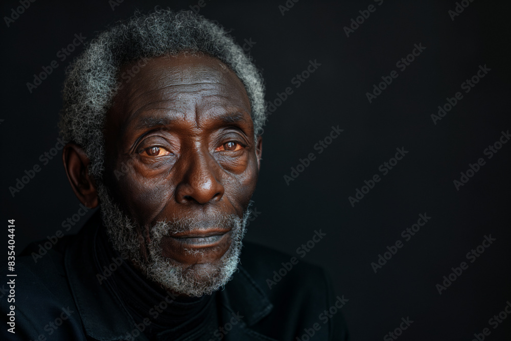 Portrait of a black man with gray hair in black suit with copy space for advertisement Portrait of a black man with gray hair in black suit with copy space for advertisement