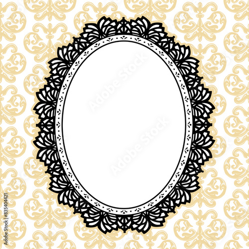 Vintage black lace doily oval picture frame with damask background. Copy space for text or pictures for albums, scrapbooks, holidays. Elements organized in color groups to easily recolor.