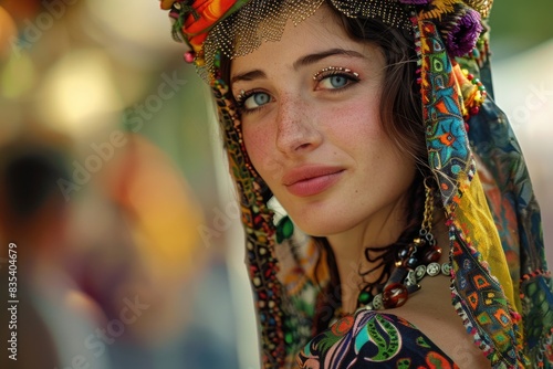 A woman wearing a vibrant headdress and veil in a traditional or cultural setting