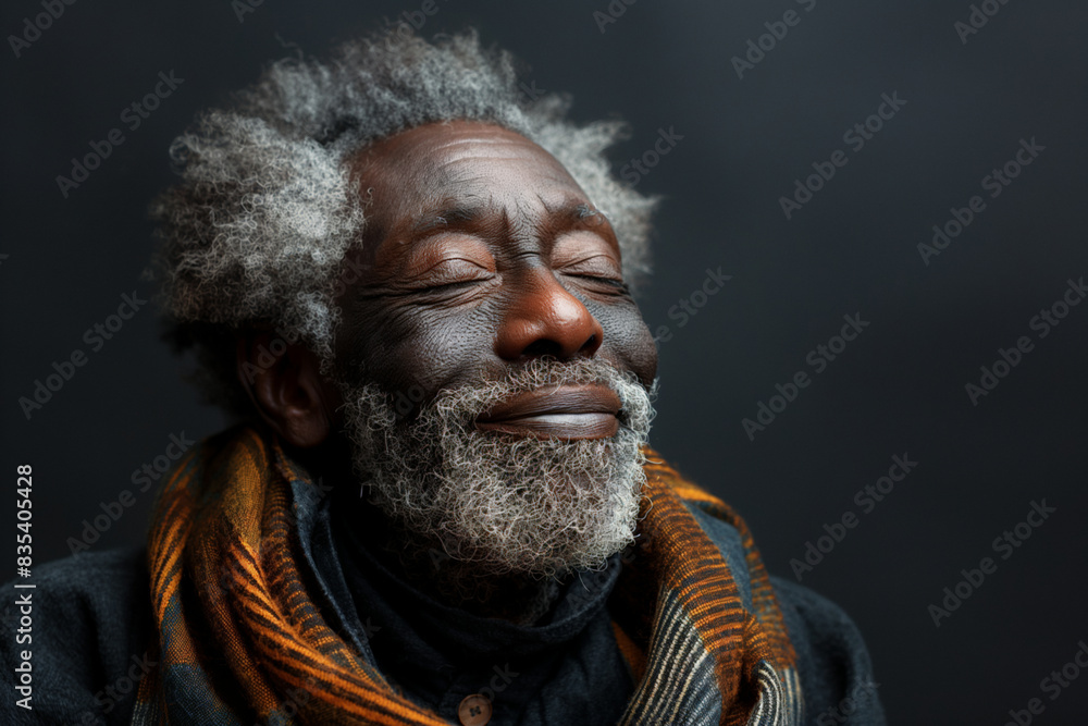 Close-up portrait of a smiling older man against blank dark grey background with copy space for ads Close-up portrait of a smiling older man against blank dark grey background with copy space for ads