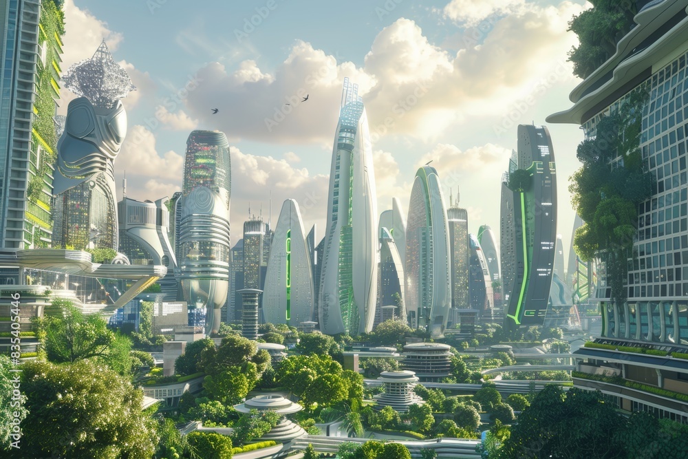 Obraz premium Futuristic Cityscape with Advanced Technology, Automated Systems, and Sustainable Infrastructure