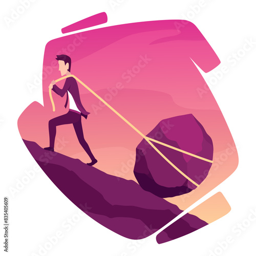 Businessman with boulder vector illustration. Unhappy person pulls rock or boulder suffer with overwork and responsibility. Crisis problem of business people, burden, challenge, conquering concept