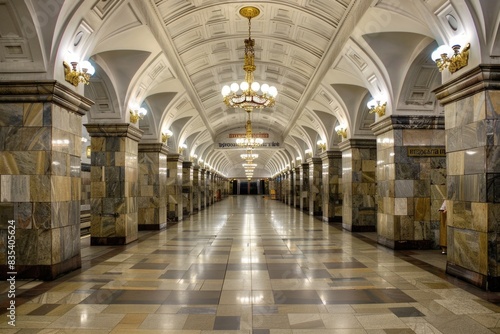A long hallway with a chandelier and clock