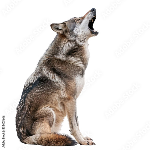 Image of a wolf standing tall with its mouth wide open, howling towards the night sky, on a transparent background