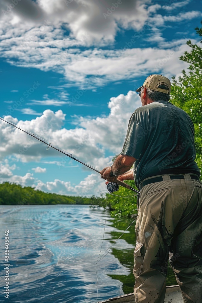 A person holding a fishing rod is sitting in a boat, ready to cast their line A person holding a fishing rod is sitting in a boat, ready to cast their line