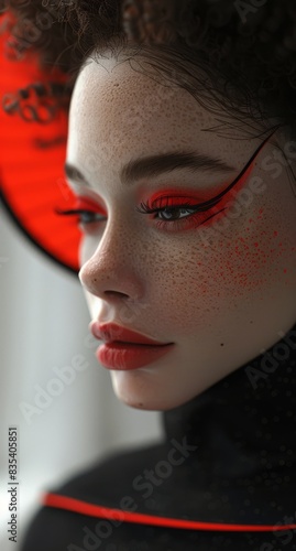 Close-up of a highly detailed digital artwork portraying a female with striking eye makeup and freckles