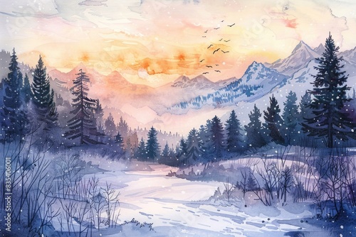 A serene winter scene featuring a snow-covered mountain range with trees and a blue sky