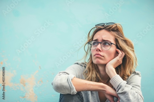 Childless woman sits and thinks about having baby. A contemplative young woman with glasses, sitting alone against soft blue background, appearing lost in thought or possibly worried photo