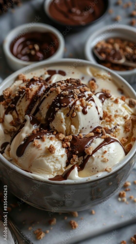 Delicious ice cream sundae topped with chocolate sauce, crushed nuts, in a bowl on a dark background Delicious ice cream sundae topped with chocolate sauce, crushed nuts, in a bowl on a dark background