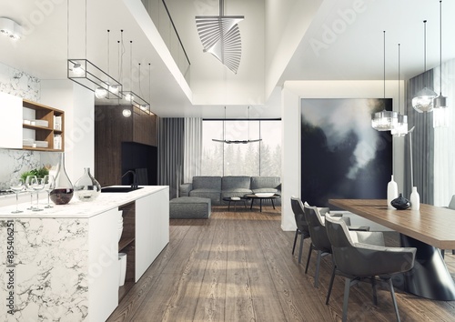 the modern kitchen and dining area are open, with a view of the mountains