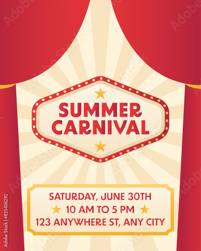 Summer carnival poster, invitation, flyer. Vintage circus, swirl background. Vector template illustration.