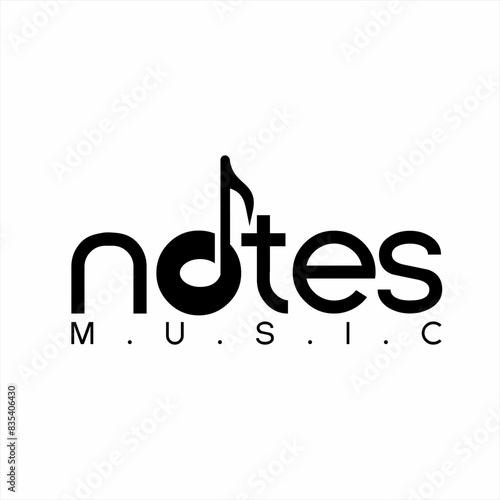 Music notes text logo design with the eighth note symbol on the letter O.