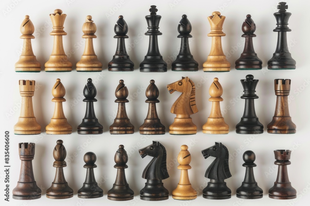 A collection of chess pieces arranged on a white surface, ready for play A collection of chess pieces arranged on a white surface, ready for play