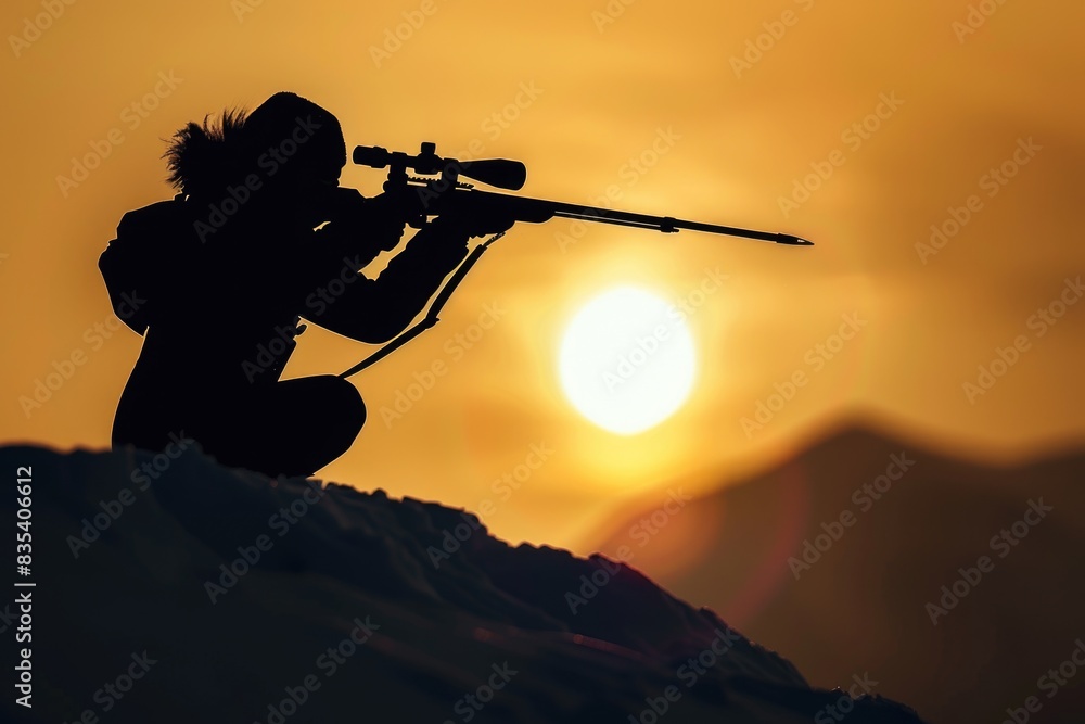 A silhouette of a person holding a rifle on a mountain, perfect for outdoor or hunting themed images A silhouette of a person holding a rifle on a mountain, perfect for outdoor or hunting themed images