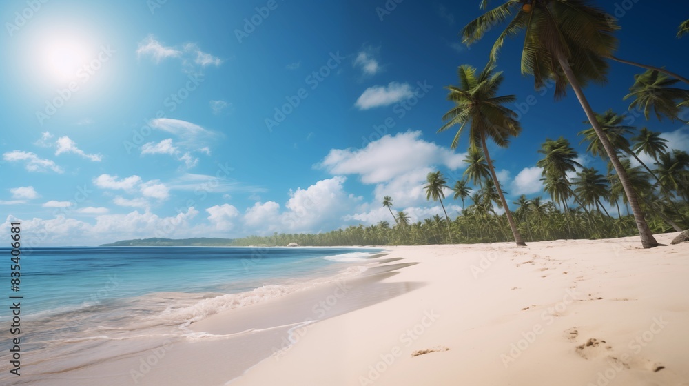 Idyllic Tropical Beach with Clear Blue Skies and Palm Trees