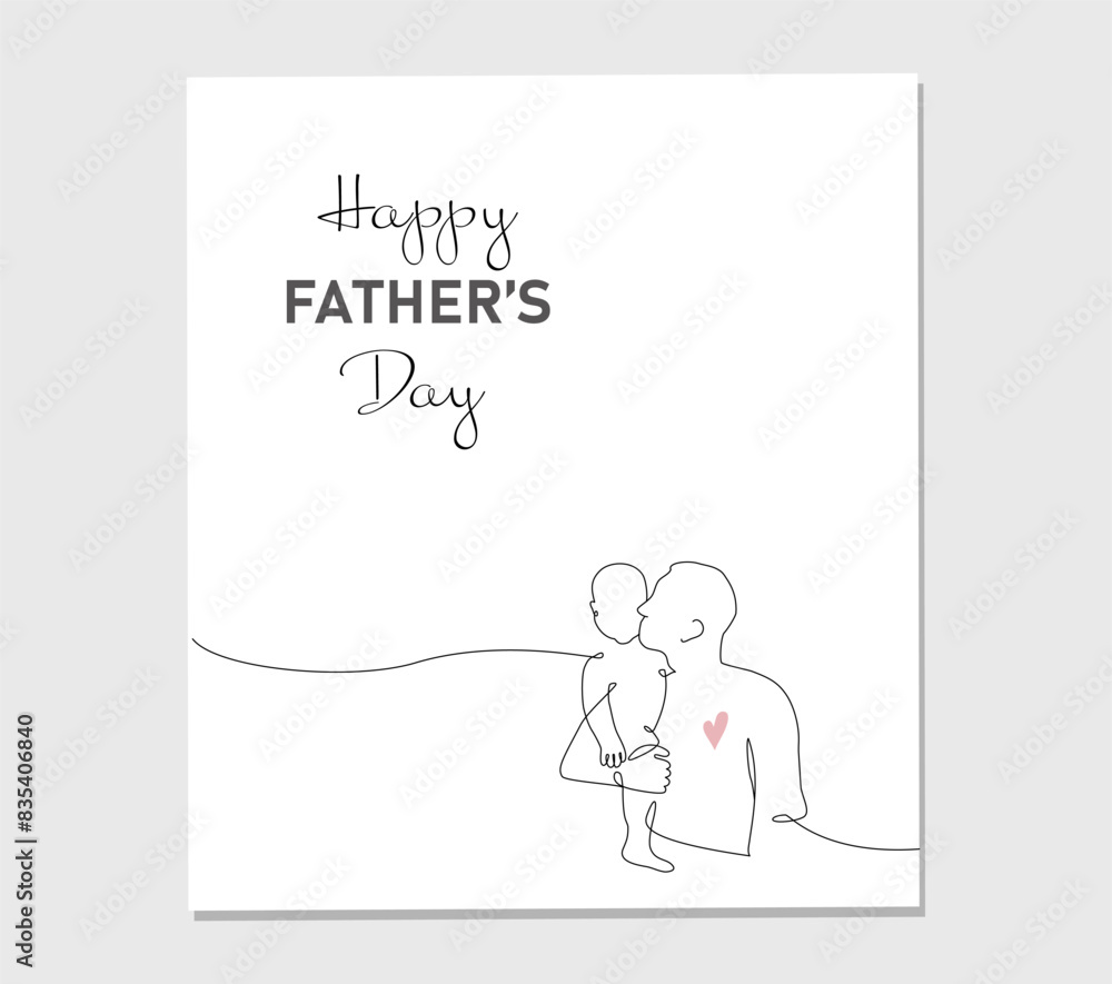 One continuous line drawing greeting card for Happy Father Day. Vector illustration hugs of a father with a child on white background One continuous line drawing greeting card for Happy Father Day. Vector illustration hugs of a father with a child on white background