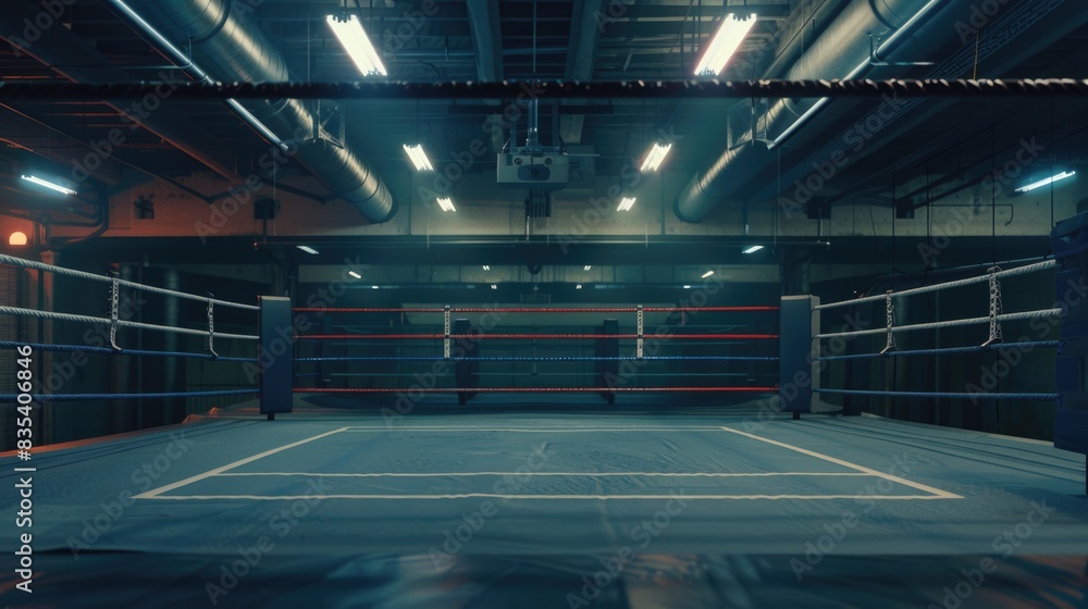 A vacant boxing ring with ropes and corners, suitable for sports or training scenarios A vacant boxing ring with ropes and corners, suitable for sports or training scenarios