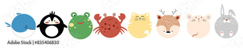 Vector set of funny round animals. Cat, bunny, mouse, deer, crab, frog, whale, penguin for logo and greeting cards photo