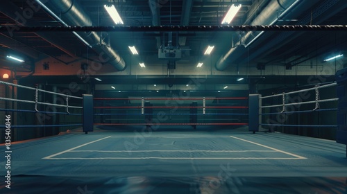 A vacant boxing ring with ropes and corners, suitable for sports or training scenarios © Ева Поликарпова
