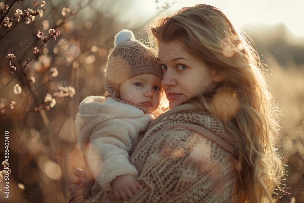 Obraz premium Mother holding her baby in a golden sunset, their faces close together, surrounded by blooming flowers, evoking warmth and natural beauty