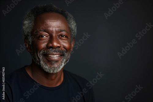 Portrait of a smiling senior Afro-American man against blank black background with copyspace for ads