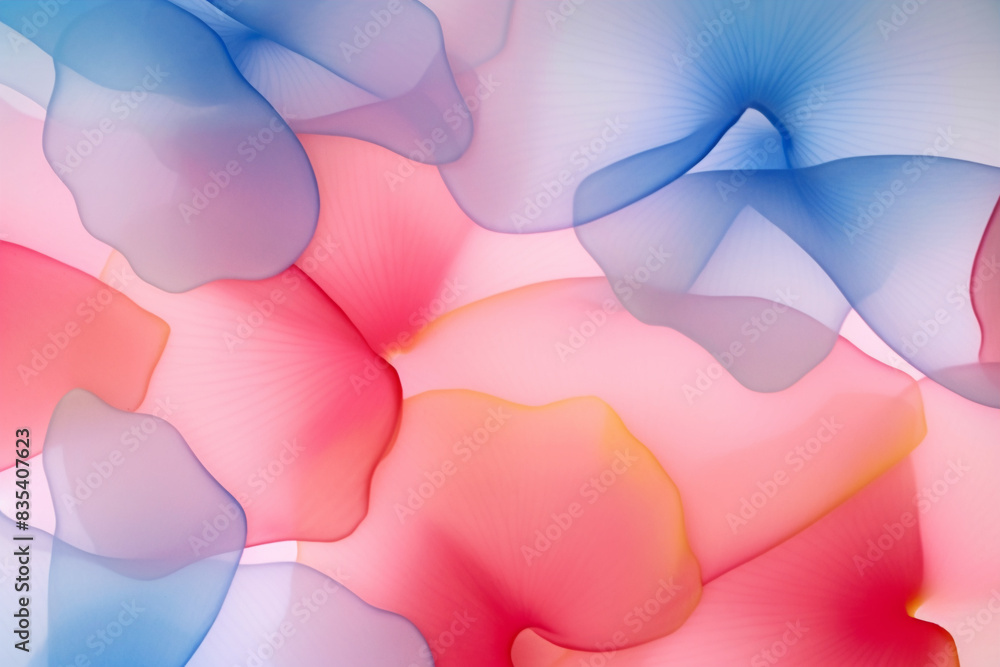Pink and blue translucent petals, with a hint of yellow, top view, soft wallpaper texture, closeup, macro, Generative AI Pink and blue translucent petals, with a hint of yellow, top view, soft wallpaper texture, closeup, macro, Generative AI