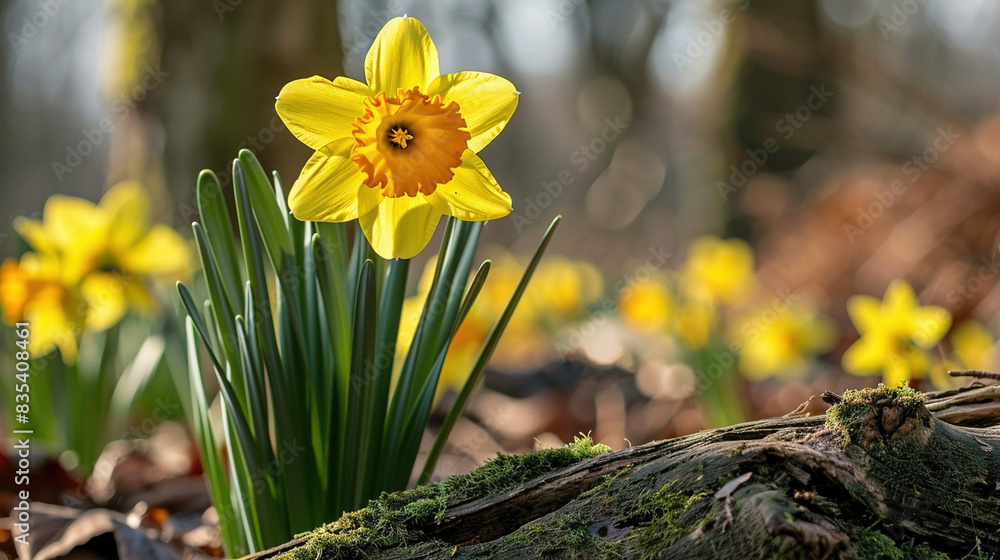 Fototapeta premium A cluster of golden daffodils amidst a woodland, blanketed by verdant moss, with a nearby tree trunk dominating the foreground