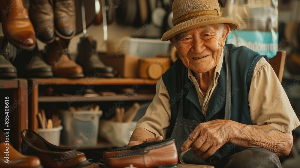 A senior gentleman fixing his shoe in a quiet setting A senior gentleman fixing his shoe in a quiet setting