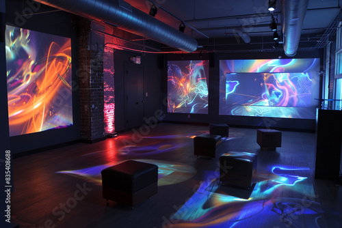 Stylish Avant Art Gallery setup presenting contemporary projection art in a dark, immersive space, blending light, form, and digital creativity for dynamic visual effects,