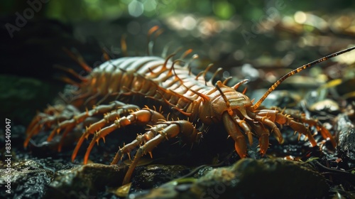 A close-up shot of a centipede moving slowly across the forest floor