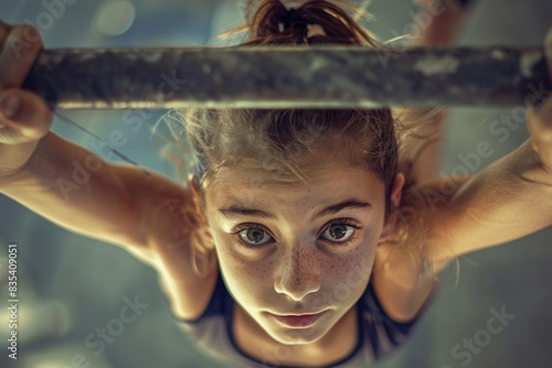 Young girl grasping metal rail with determination and possibly seeking support photo