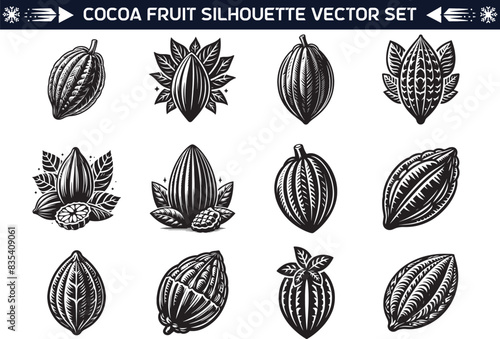 Cocoa fruit silhouette vector illustration set
