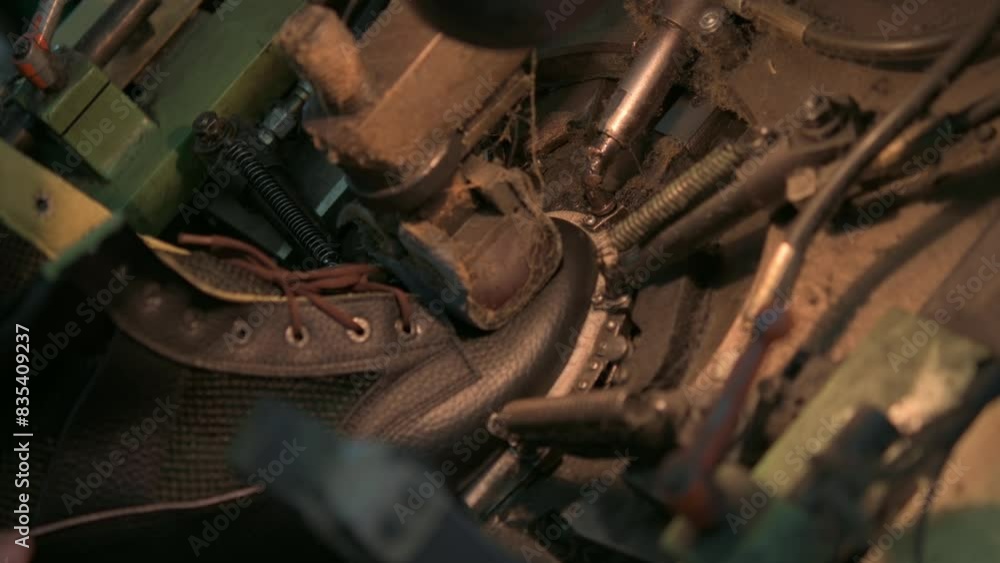 Industrial workers are using factory equipment to make shoes. Footwear production facility. Industrial workers are using factory equipment to make shoes. Footwear production facility.