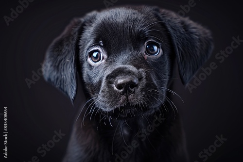 A close-up shot of a black dog's face with striking blue eyes