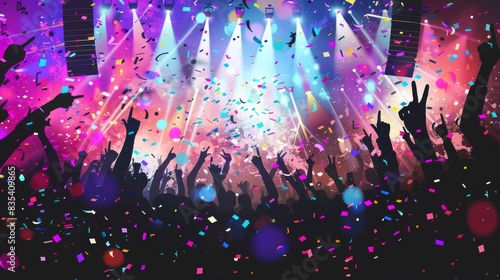 With colorful stage lights and confetti, a concert crowd lights up the night