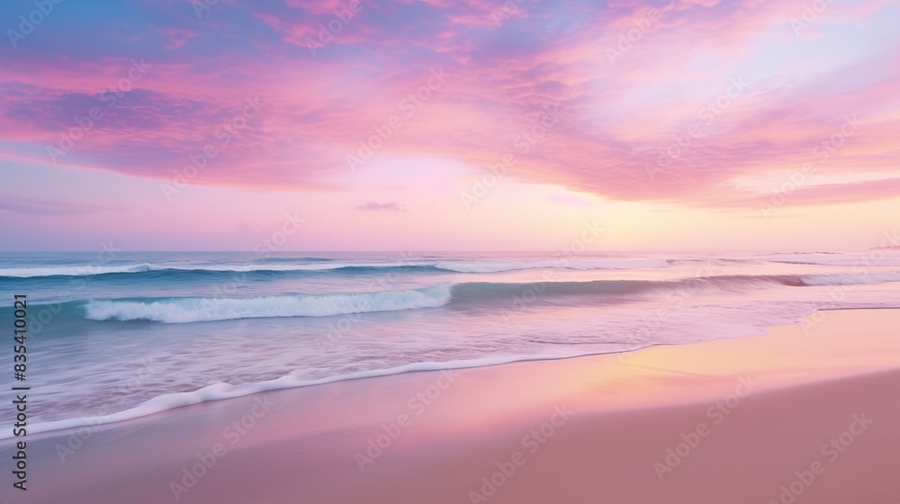 Fototapeta premium Beautiful Serene Sunset at a Tranquil Beach with Pink Sky and Waves