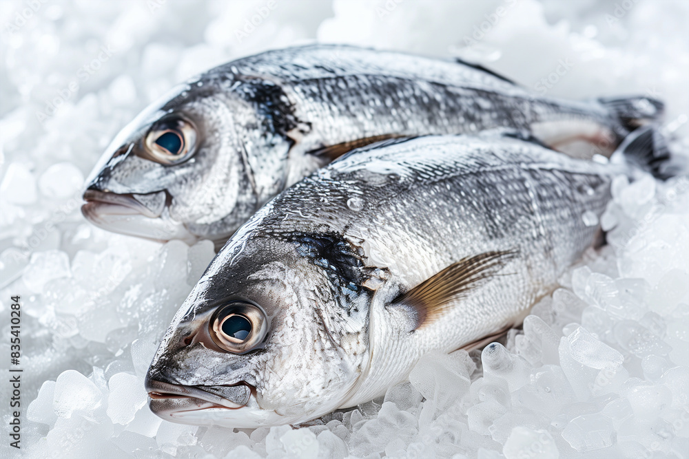 Fototapeta premium Freshly Caught Sea Bass on Ice Bed