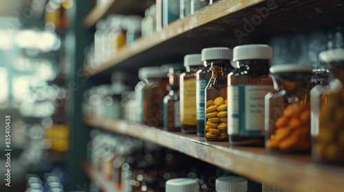 Wallpaper Mural Close-up of a pharmacy shelf filled with different medicine bottles Torontodigital.ca