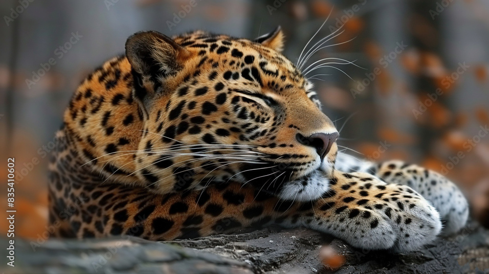 Obraz premium A close-up of a leopard resting atop a rock with its head leaning on its paw and eyes shut