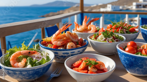 Shrimp  Seafoods  appetizers   salads on the table in Fish Restaurant. Beach Restaurant in Greece