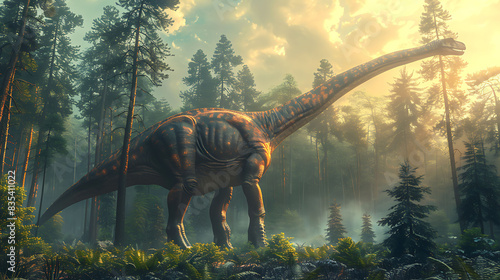 Brachiosaurus stretching its neck to reach leaves from tall trees