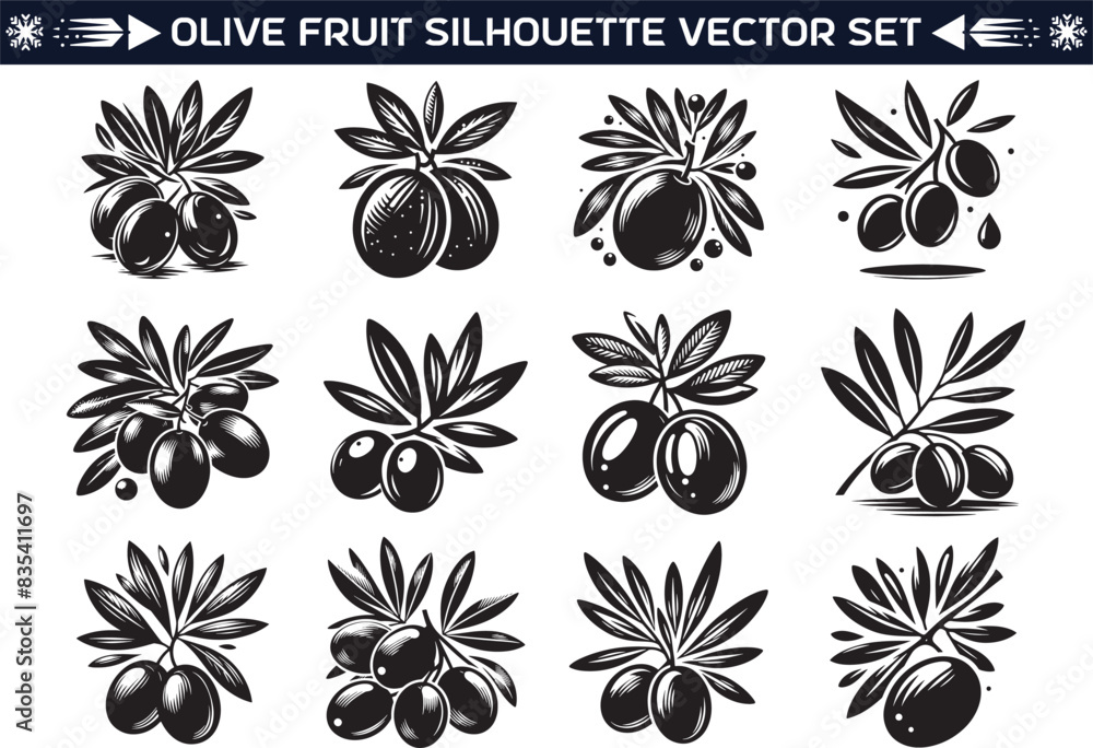 Olive fruit silhouette vector illustration set Olive fruit silhouette vector illustration set