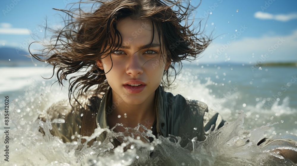 Young Woman Splashes in Ocean with Intense Expression and Dynamic Energy Young Woman Splashes in Ocean with Intense Expression and Dynamic Energy